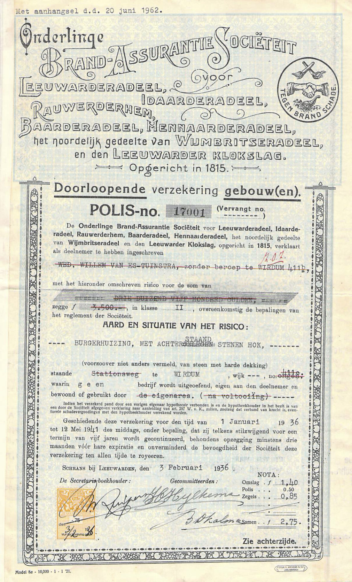 OBAS polis opstalverzekering 1936.